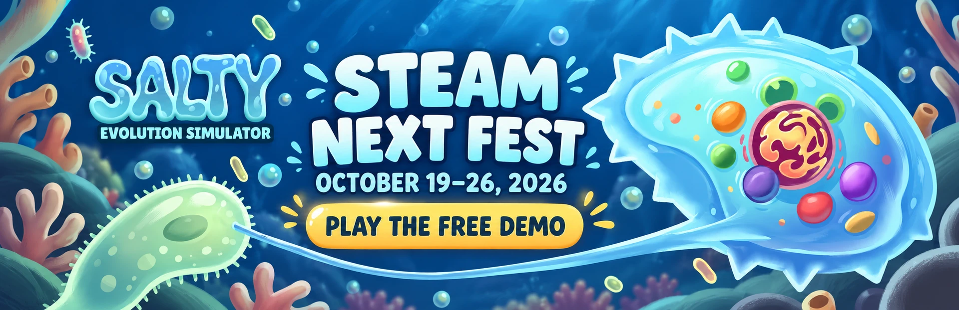 Salty at Steam Next Fest, October 19–26, 2026. Play the free demo.