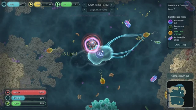 Grappling a virus in open water, with the game HUD