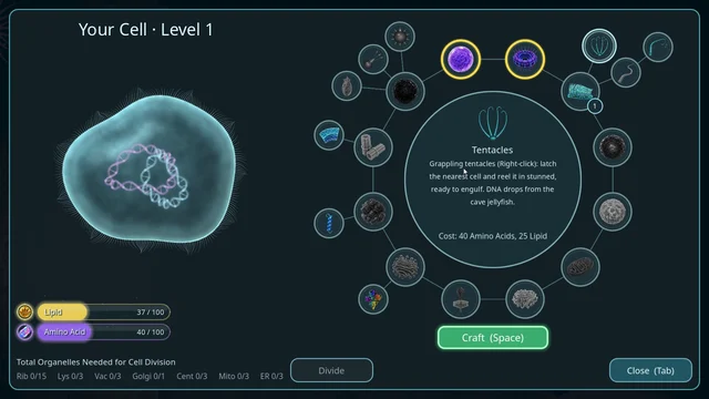 Organelle crafting wheel with tentacles selected
