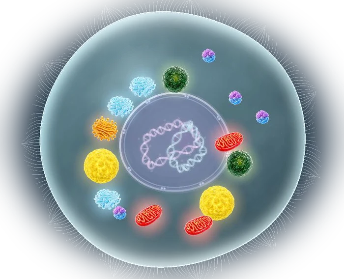 The player cell with its nucleus and organelles, from the game